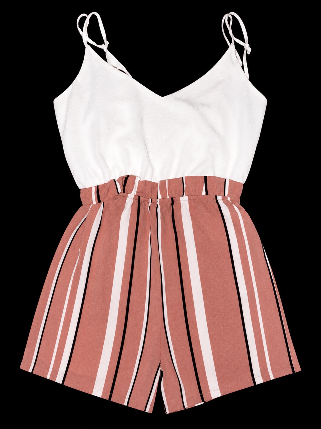 Lily Rose White & Dusty Rose Striped Paperbag Waist Romper